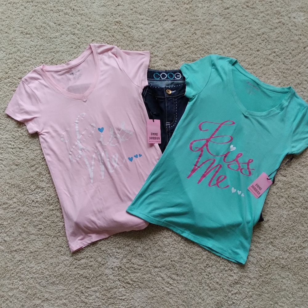 Emme Jordan Pink and Teal Kiss Me Tee Shirts